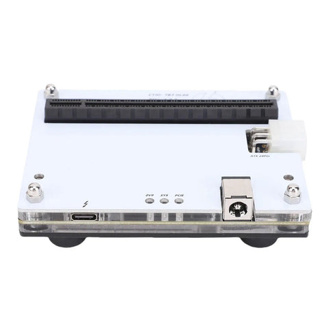 Mini external GPU dock station with PCIe slot, USB-C connection, and clear metal housing for Thunderbolt 3 and 4 compatible GPUs.