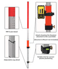 Heavy Duty Aluminum Laser Grade Rod with adjustable legs and bubble vial for precise elevation grading and surveying.
