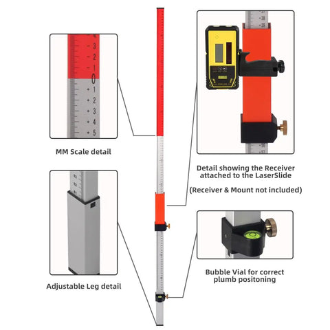 Heavy Duty Aluminum Laser Grade Rod with adjustable legs and bubble vial for precise elevation grading and surveying.