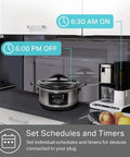Smart WiFi Plug Outlet That Lets You Control Lamps And Gadgets From Anywhere With Hands Free Voice Control Via Alexa Google Home And IFTTT No Hub Required Remote Control Scheduling 15 Amp UL Certified 4-Pack White shown on kitchen counter next to appliances visualizing schedule setting