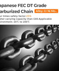 Close-up of Japanese FEC DT Grade Carburized Chain for Beefy 2200lb Electric Lift Hoist with alloy description and safety features.