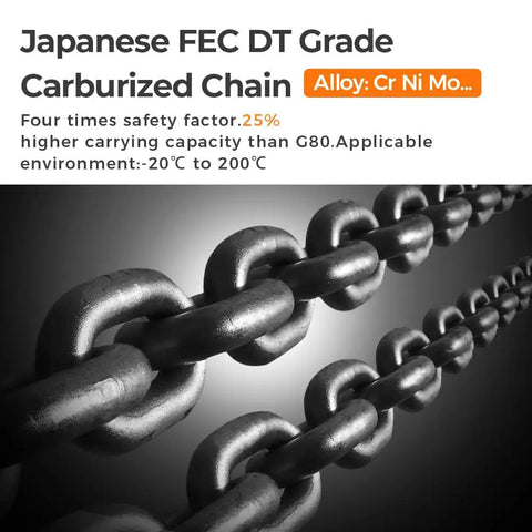 Close-up of Japanese FEC DT Grade Carburized Chain for Beefy 2200lb Electric Lift Hoist with alloy description and safety features.