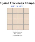 Grout joint thickness comparison with 3/16" highlighted, ideal for Tile Leveling System Three Sixteenth Inch Bases Kit One Handed Free Spin Posts 250 Pc Bundle Perfect For Large Tiles Up To Three Quarters Inch Thick Faster Install And Flat Pro Finish.