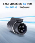 Plug And Go J1772 To Tesla Adapter Charges 80 Amp 240 Volt close-up view of the G7 Pro fast charging connector.