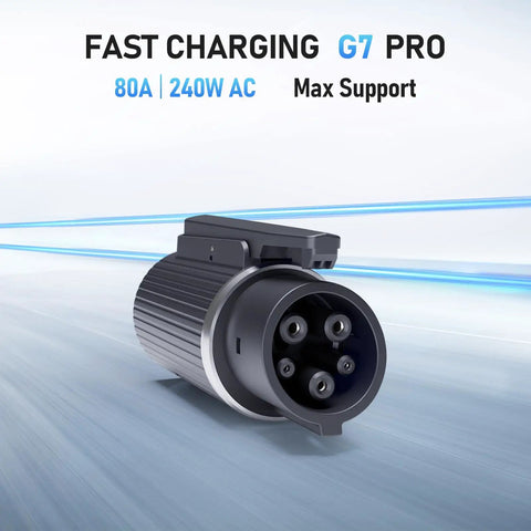 Plug And Go J1772 To Tesla Adapter Charges 80 Amp 240 Volt close-up view of the G7 Pro fast charging connector.