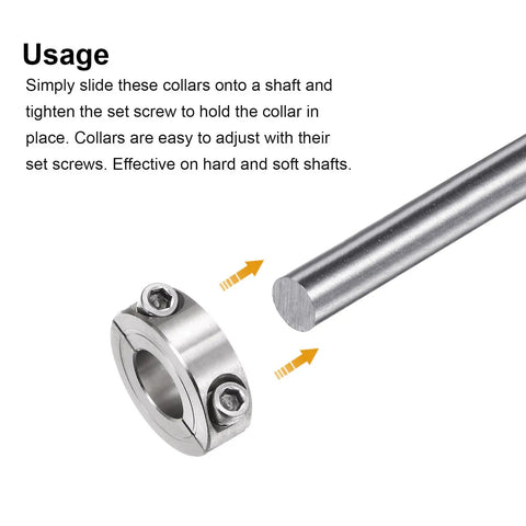 Two-Piece Clamp-On Shaft Collar For 5/8 Inch Shafts, Double Split Design, 1-5/16 Inch Outer Diameter, 7/16 Inch Width, 304 Stainless Steel Axle Collar With Set Screw, High Locking Force, Anti-Corrosion, Positioner Stop on shaft