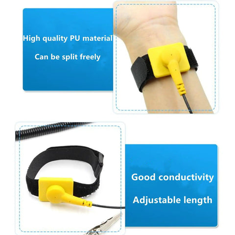 Two Pack Anti Static Wrist Strap Kit with 11 Inch Adjustable Band shown on wrist and separately with alligator clip and PU cable