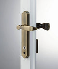 Surface Mount Storm Door Handle With Lock And Key For One To One And A Half Inch Thick Doors In Antique Brass Finish Four Post Lever