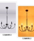 Six Light Farmhouse Chandelier Black Iron Finish Dope Dining Room Lighting Fixture With Classic Candle Style, light off and on.
