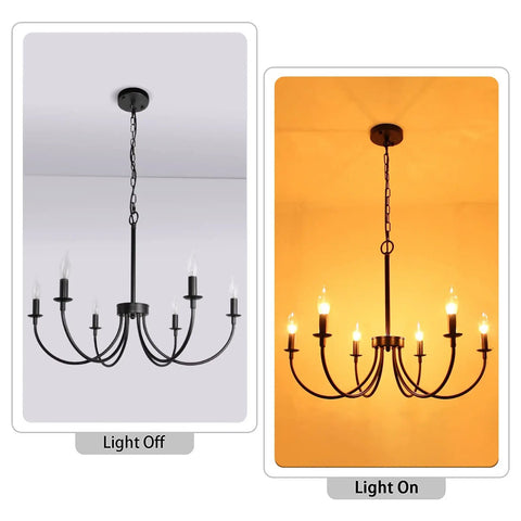 Six Light Farmhouse Chandelier Black Iron Finish Dope Dining Room Lighting Fixture With Classic Candle Style, light off and on.