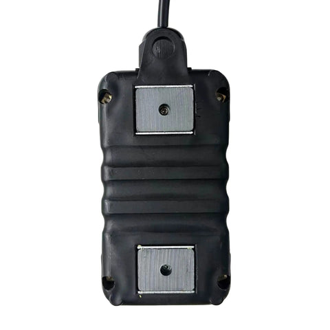 Back view of Three Wire Dump Trailer Remote Control Switch with magnetic mount for 12V DC hydraulic pump power unit controls