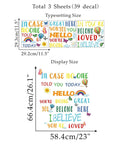 Display and sheet size of Colorful Inspirational Quote Wall Decal Set For Classroom And Nursery Kid Friendly Watercolor Theme