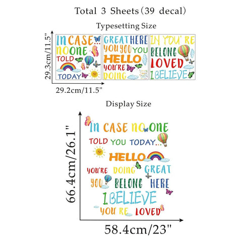 Display and sheet size of Colorful Inspirational Quote Wall Decal Set For Classroom And Nursery Kid Friendly Watercolor Theme