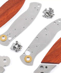 DDR3BL DIY Folding Knife Kit With Button Lock 440C Stainless Steel Blade 600 Grit Satin Finish Pre Machined Padauk Handle Scales Gift Boxed Parts Kit USA Design For Building Your Own EDC Knife components on white background