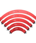Pro Level Aluminum Round Corner Radius Template Set R100 To R300 Heavy Duty Router Guide showing five red aluminum templates for routing.