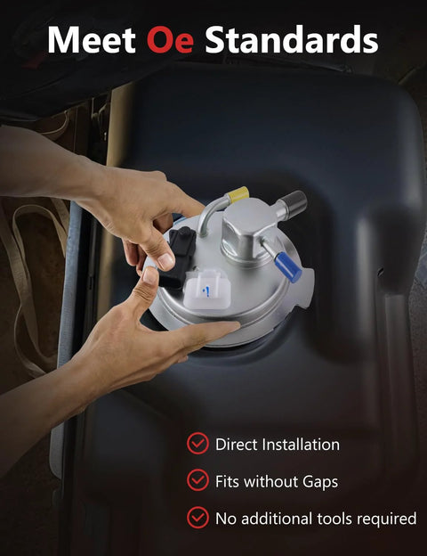 Hands installing E3609M Fuel Pump Assembly For Chevy And GMC Silverado 1500 2500 HD Sierra 1500 2500 HD on truck bed