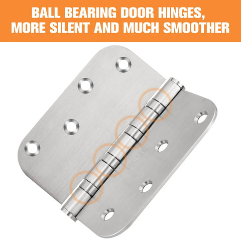 Door hinge, 4x4 inch, 304 stainless steel, ball-bearing, rounded corners; close-up view.