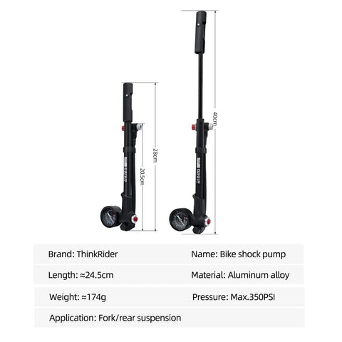 Beefy High Pressure Mountain Bike Shock Pump With Gauge, 350 PSI, extended and collapsed views, aluminum body, measurement annotations