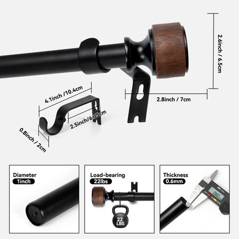 Rustic Wood Curtain Rod With Heavy Duty Adjustable Length 1 Inch Diameter Drapery Rod Featuring Faux Wood Grain Finials Built To Last In Matte Black Walnut Modern Luxe Farmhouse Style Vibe For 36 To 88 Inch Windows, 1-inch rod with wall bracket and walnut finial