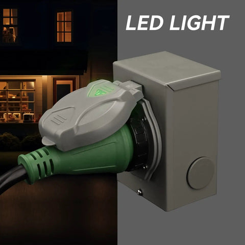 Pre Drilled 50 Amp Generator Inlet Box With Nema Ss2 50P Socket, showing LED indicator and secure plug connection.