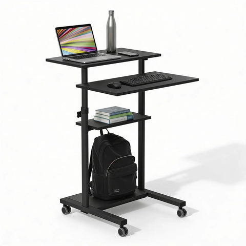 Black Rolling Standing Desk With Adjustable Height Up To 54.7 Inches, showing laptop, keyboard, shelves, and backpack