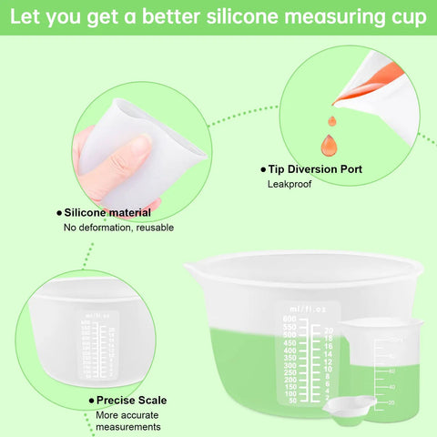 Ultimate Resin DIY Kit Silicone Measuring Cups Set With 600ml And 100ml Mixing Cups showing leakproof design and precise scale