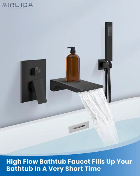 Wall Mount Tub Faucet With Waterfall Spout And Handheld Shower, Dope Matte Black Finish, installed on a modern bathtub
