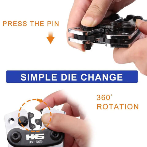 Hand demonstrating die change on Beefy Battery Cable Crimp Tool For AWG 10 To 1 Copper Ring Terminals, showing 360-degree rotatable jaw.