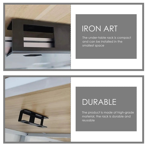 Close-up of heavy duty laptop stand and tablet mount under desk organizer rack black, showcasing compact iron design.