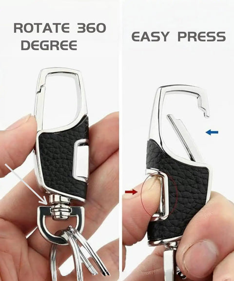 3 Pack Heavy Duty Zinc Alloy Built To Last Key Chains With Carabiner Clips And Dual Key Rings showing rotation and clip action