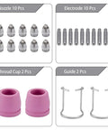 Heavy Duty Plasma Torch Consumables Kit With Two Premium Cups And Secure Brackets For Smooth Industrial Cutting On Steel Auto Parts, featuring nozzles, electrodes, shroud cups, and guides.