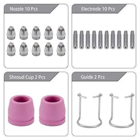 Heavy Duty Plasma Torch Consumables Kit With Two Premium Cups And Secure Brackets For Smooth Industrial Cutting On Steel Auto Parts, featuring nozzles, electrodes, shroud cups, and guides.