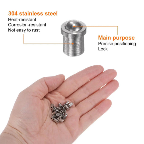 Top Shelf 30 Piece Assortment of 2mm 3mm and 4mm Ball Plungers Built From Tough 304 Stainless Steel For Zero Wiggle Cabinet Hardware Smooth Door Catches and Dead Quiet Mechanical Latching Solutions in a hand with a highlighted plunger.
