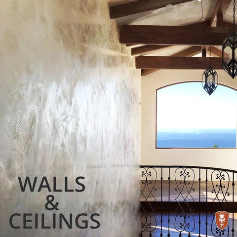 Interior wall with Natural Lime Plaster And Paint Veneziano Plaster Smooth Finish overlooking ocean view through large window.