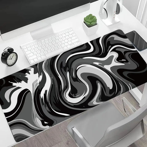 XL Gaming Mouse Pad with Stitched Edges, Black and White Desk Mat, Extra Large 31.5 by 15.8 Inches, on desk with Ink Liquid Wave Design.