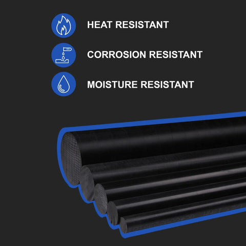 USA Made Tough As Nails Acetal Copolymer Dowel Rod 1.25 inch diameter 12 inch length black showing heat, corrosion, and moisture resistance features