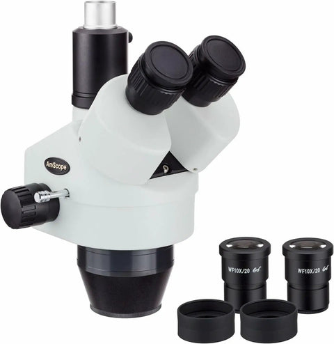 Trinocular Stereo Microscope Head With 3.5X to 45X Zoom, 65mm Field Of View, 8 Inch Working Distance, High Eyepoint 10X Eyepieces With Foldable Eye Guards, Crystal Clear Erect Images, And A Port For Optional Camera Attachment. White trinocular stereo microscope head with 10X eyepieces and camera port