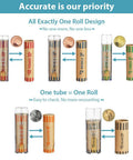 Diagram of 5 In 1 Coin Sorter Tube With Counter And Wrappers showing tube design for pennies, nickels, dimes, quarters, and dollars.