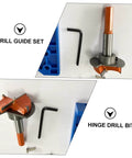 Gadpiparty hinge drill guide set with orange boring bit and blue plastic guide base; includes hole puncher