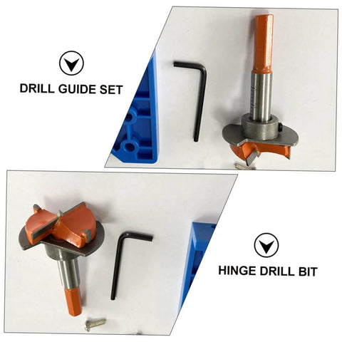 Gadpiparty hinge drill guide set with orange boring bit and blue plastic guide base; includes hole puncher