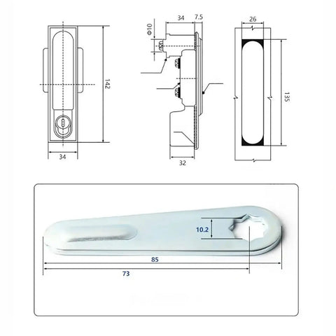 Heavy Duty Industrial Cabinet Switch Power Distribution Box Lock With Key Handle For Secure Machine Equipment And Furniture Hardware Use, detailed dimensions.