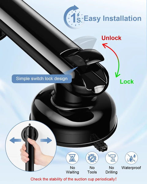 Upgraded No Drill Suction Shower Grab Bar With Solid Grip, detailed view of locking mechanism and suction cup design.