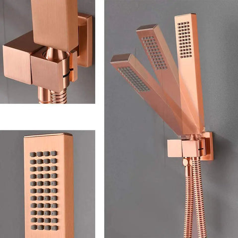 UMJIGF Shower System, Bathroom Brass 10-12 Inch Ceiling Mount Rainfall Shower Faucet System with 6 Pcs Body Sprays Jets Mixer Set, Brushed Rose Gold handheld shower head view.