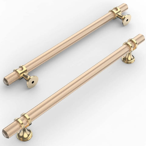 Two gold knurled cabinet pulls, 7.5 inch hole center, brushed brass finish, set of 10, shown in perspective view for kitchens and wardrobes.
