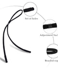 Black braided rope of Durable Adjustable Eyeglass Chains For Men And Women Keep Your Specs Secure During Sports With Unisex Sunglasses Holder Straps No More Lost Glasses 2 Pack, featuring set of holes and adjustment buckle.