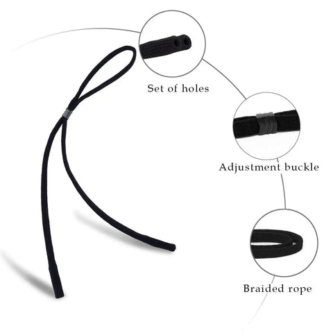 Black braided rope of Durable Adjustable Eyeglass Chains For Men And Women Keep Your Specs Secure During Sports With Unisex Sunglasses Holder Straps No More Lost Glasses 2 Pack, featuring set of holes and adjustment buckle.