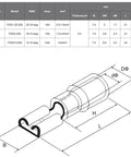 Technical diagram of blue vinyl insulated female spade wire connectors quick disconnects for auto DIY projects sixteen to fourteen AWG six point three millimeter one quarter inch crimp terminals 500 pack, showing dimensions and specifications.