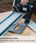 Heavy Duty 110 Inches Aluminum Guide Rail For Track Saws And Routers With Connector Kit Provides Hella Stable Support And Smooth As Butter Cuts For Ridiculously Straight Lines Every Damn Time, with cutting tool on wood.