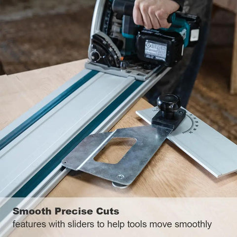 Heavy Duty 110 Inches Aluminum Guide Rail For Track Saws And Routers With Connector Kit Provides Hella Stable Support And Smooth As Butter Cuts For Ridiculously Straight Lines Every Damn Time, with cutting tool on wood.