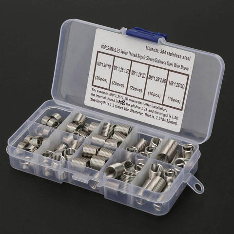 Stainless Steel Spiral Threaded Inserts Kit For M8x1.25 Helical Thread Insertion, 80 Piece Set in clear plastic case
